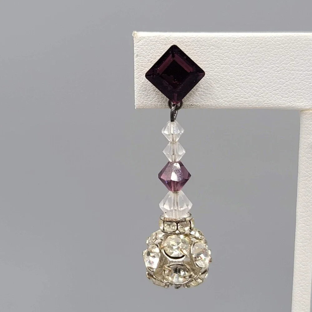 Vintage Purple Rhinestone Pierced Earrings Silver tone Bead Dangle 1.75" - Picture 4 of 9